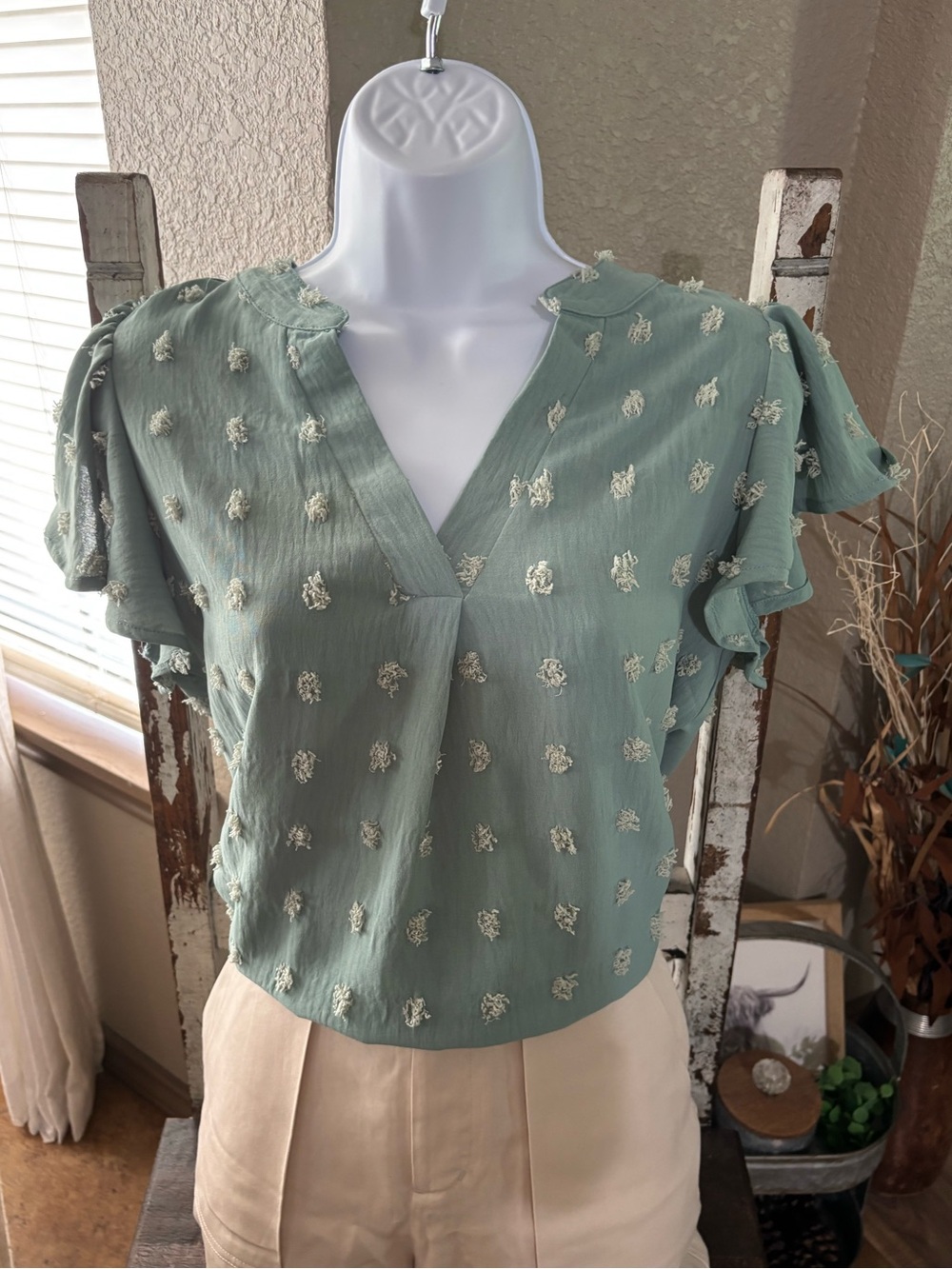 Flutter-Sleeve Sage Green Blouse with Textured Dot Detail